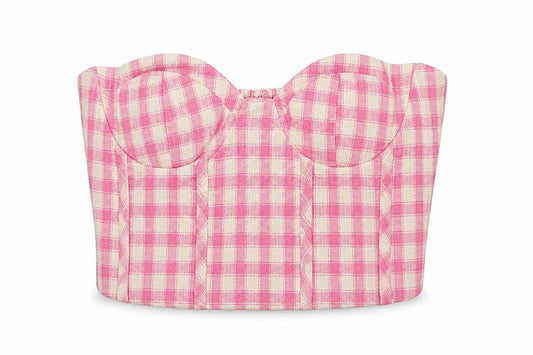 Zara Womens Pink Geometric Cotton Cropped Tank Size 4XL Off the Shoulder - Shirred detail at the back