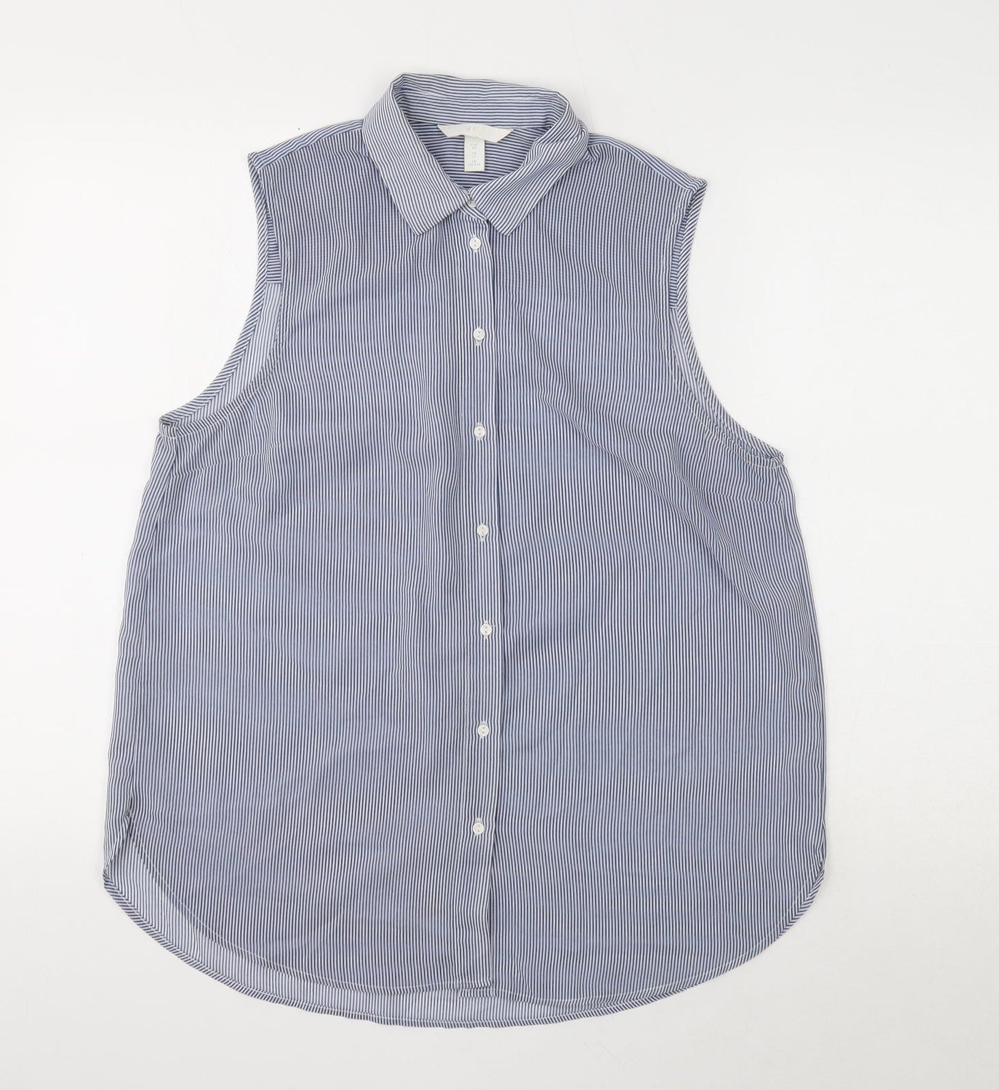 H&M Womens Blue Striped Polyester Basic Button-Up Size 12 Collared