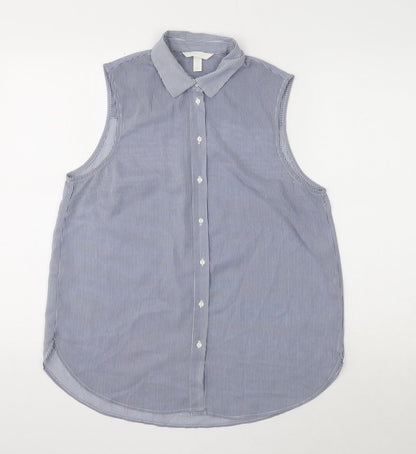 H&M Womens Blue Striped Polyester Basic Button-Up Size 12 Collared