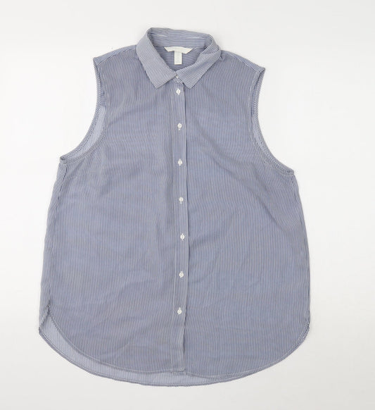 H&M Womens Blue Striped Polyester Basic Button-Up Size 12 Collared