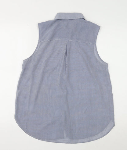 H&M Womens Blue Striped Polyester Basic Button-Up Size 12 Collared
