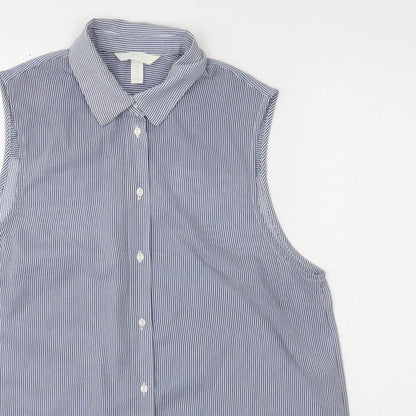 H&M Womens Blue Striped Polyester Basic Button-Up Size 12 Collared