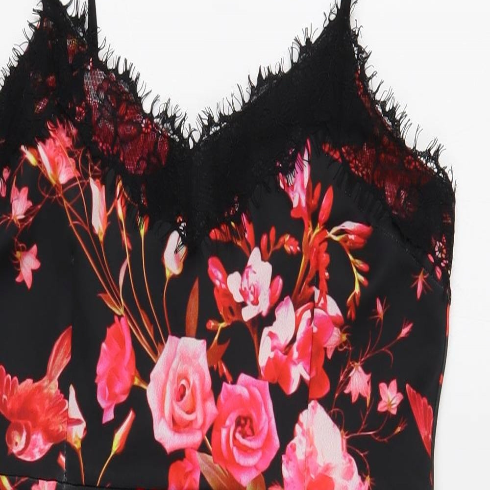 Preworn Womens Black Floral Polyester Mini Size 12 V-Neck Zip - Lace Trim