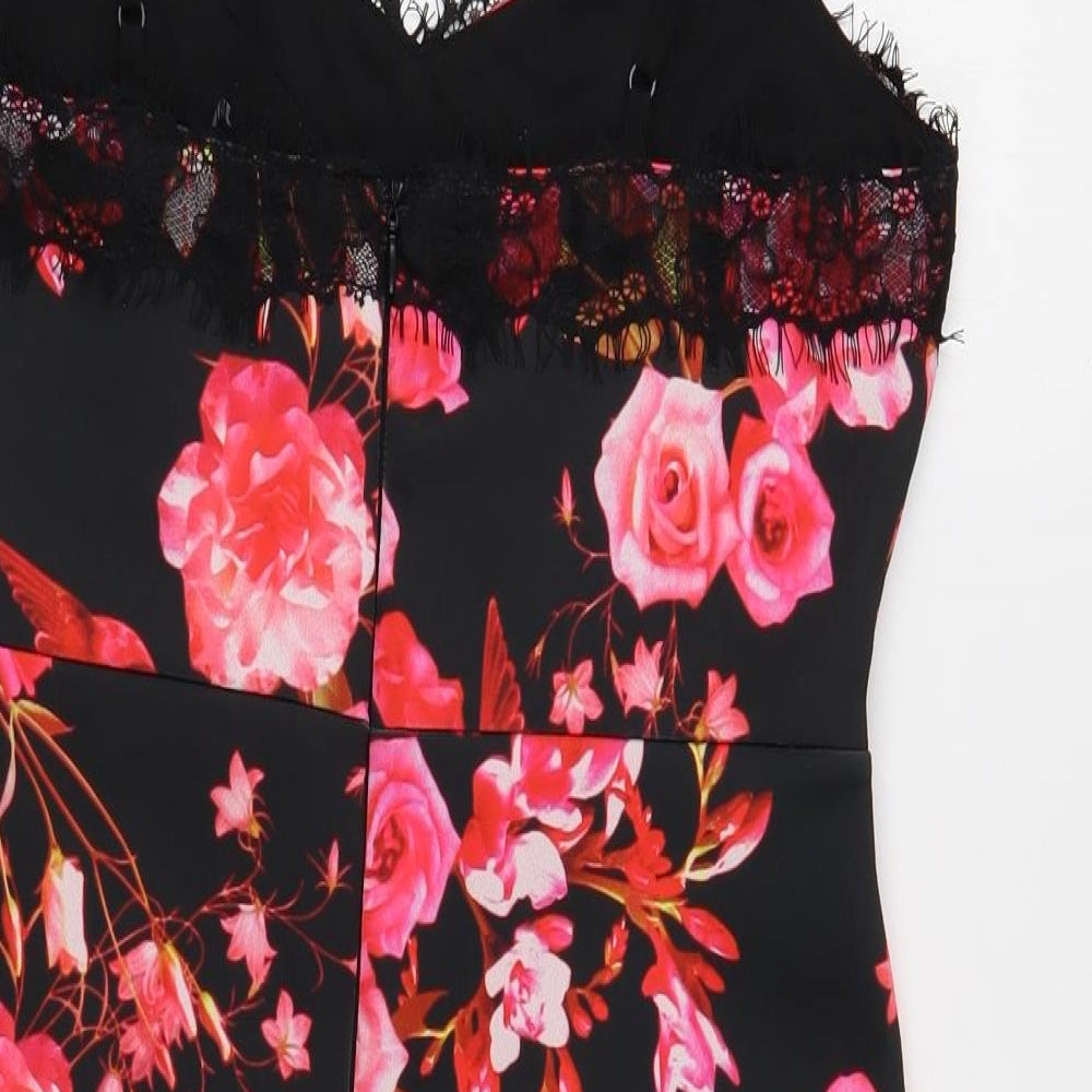 Preworn Womens Black Floral Polyester Mini Size 12 V-Neck Zip - Lace Trim
