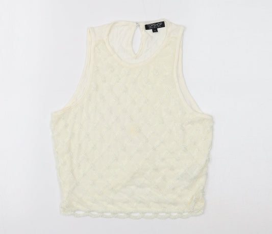 Topshop Womens White Geometric Viscose Basic Tank Size 8 Round Neck
