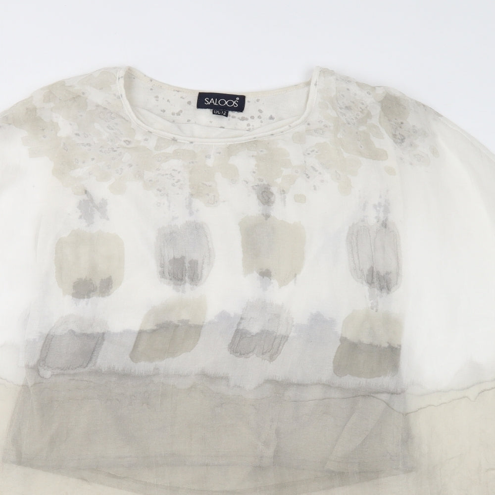 Saloos Womens White Geometric Polyester Basic T-Shirt Size 12 Round Neck