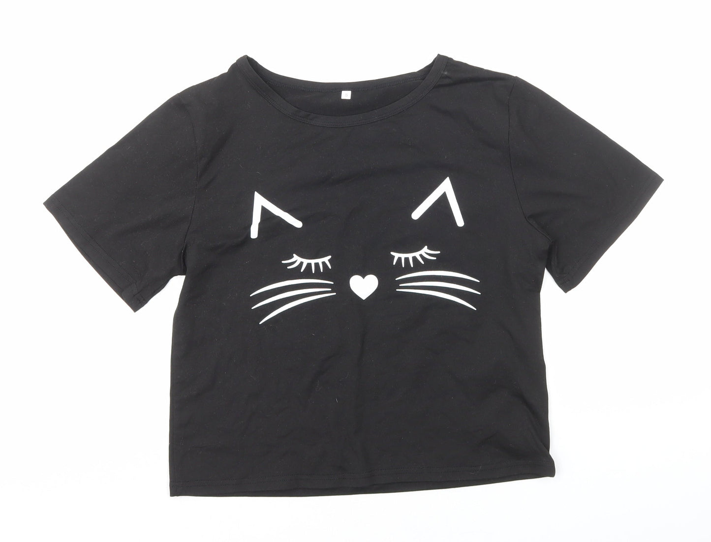 Preworn Girls Black Polyester Basic T-Shirt Size S Round Neck Pullover - Cat