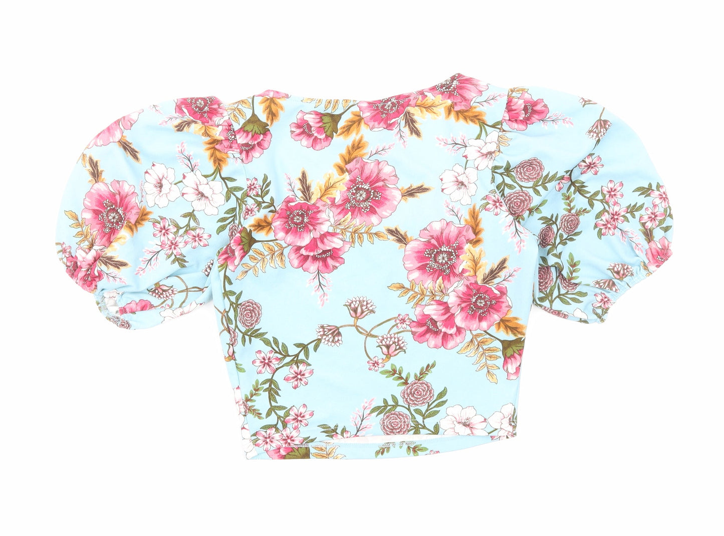 Fashion Nova Womens Blue Floral Polyester Cropped Blouse Size M Square Neck