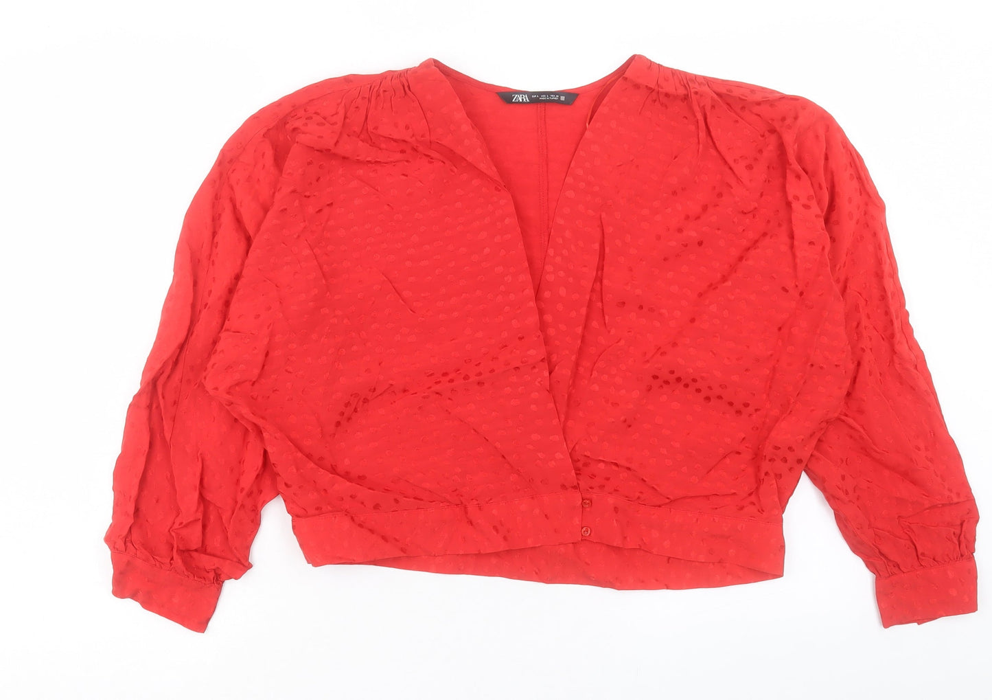 Zara Womens Red Polka Dot Viscose Cropped Blouse Size L V-Neck