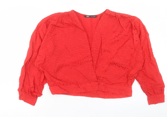 Zara Womens Red Polka Dot Viscose Cropped Blouse Size L V-Neck