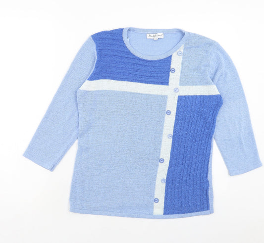 Mudflower Womens Blue Round Neck Geometric Acrylic Pullover Jumper Size S