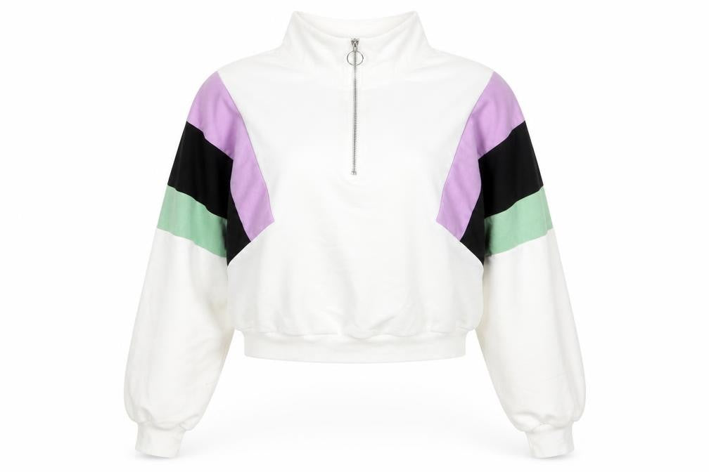 Preworn Womens White Colourblock Cotton Pullover Sweatshirt Size M Zip - Cropped