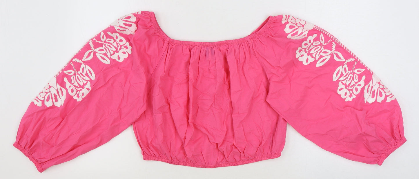 Marks and Spencer Womens Pink 100% Cotton Cropped T-Shirt Size 16 Off the Shoulder - Flower Details