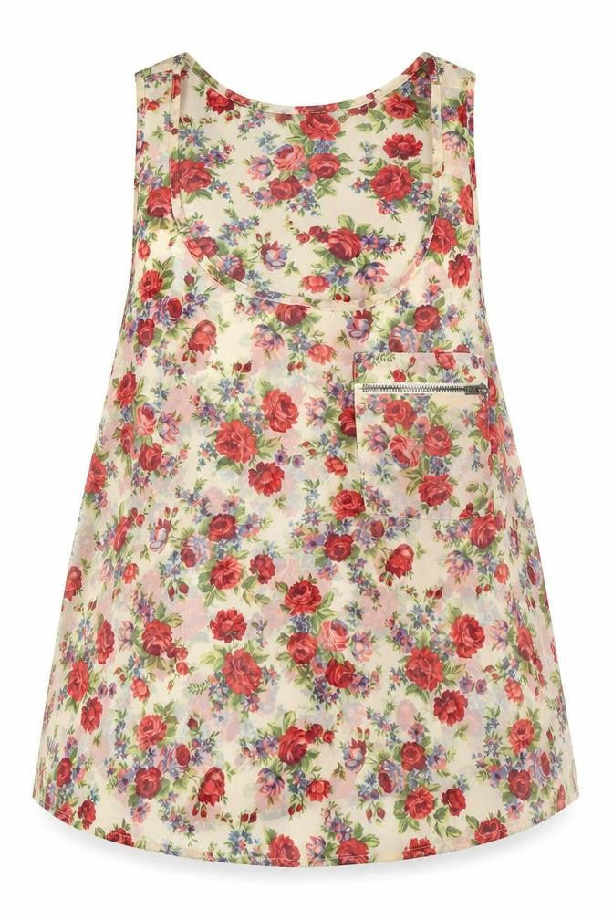 Topshop Womens Ivory Floral Polyester Basic Tank Size 6 Scoop Neck