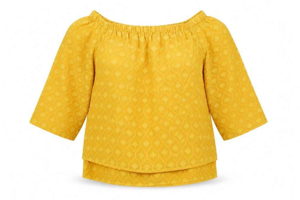 TU Womens Yellow Geometric Polyester Basic Blouse Size 12 Boat Neck