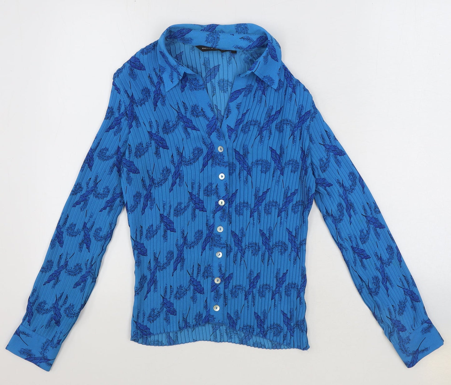 Bella Moda Womens Blue Geometric Polyester Basic Button-Up Size 12 Collared - Ribbed