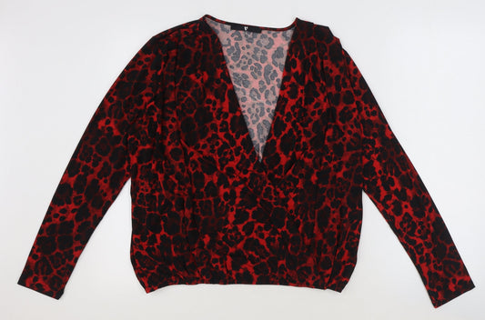 V By Very Womens Red Animal Print Polyester Basic Blouse Size 14 V-Neck