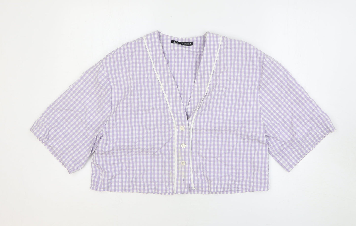Zara Womens Purple Geometric Cotton Cropped Blouse Size S V-Neck