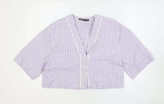 Zara Womens Purple Geometric Cotton Cropped Blouse Size S V-Neck