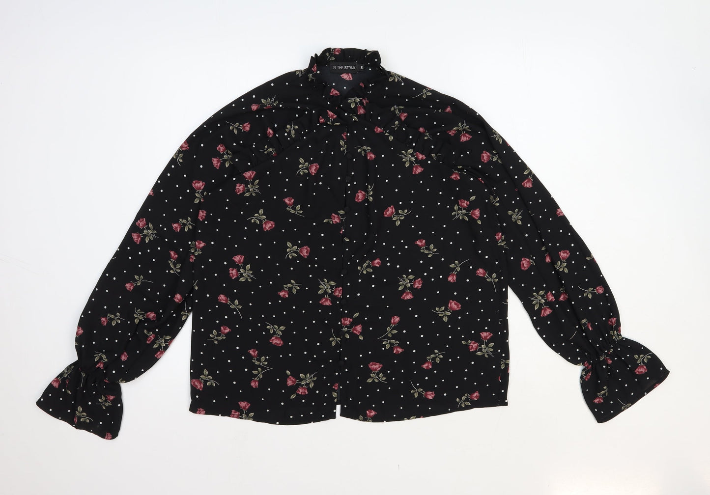 In the Style Womens Black Floral Polyester Basic Button-Up Size 6 Round Neck