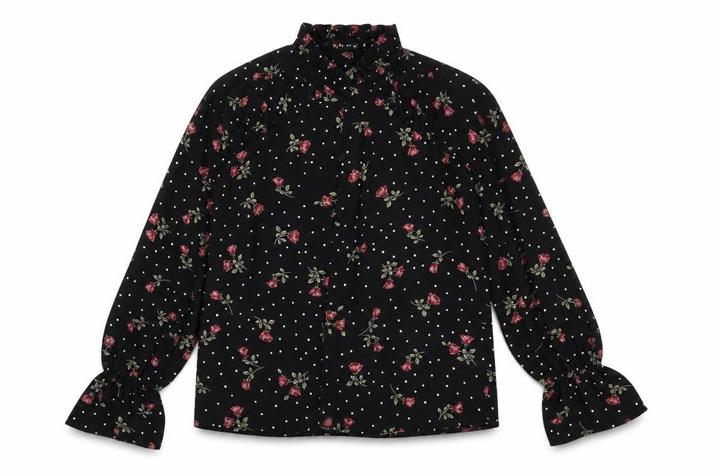 In the Style Womens Black Floral Polyester Basic Button-Up Size 6 Round Neck