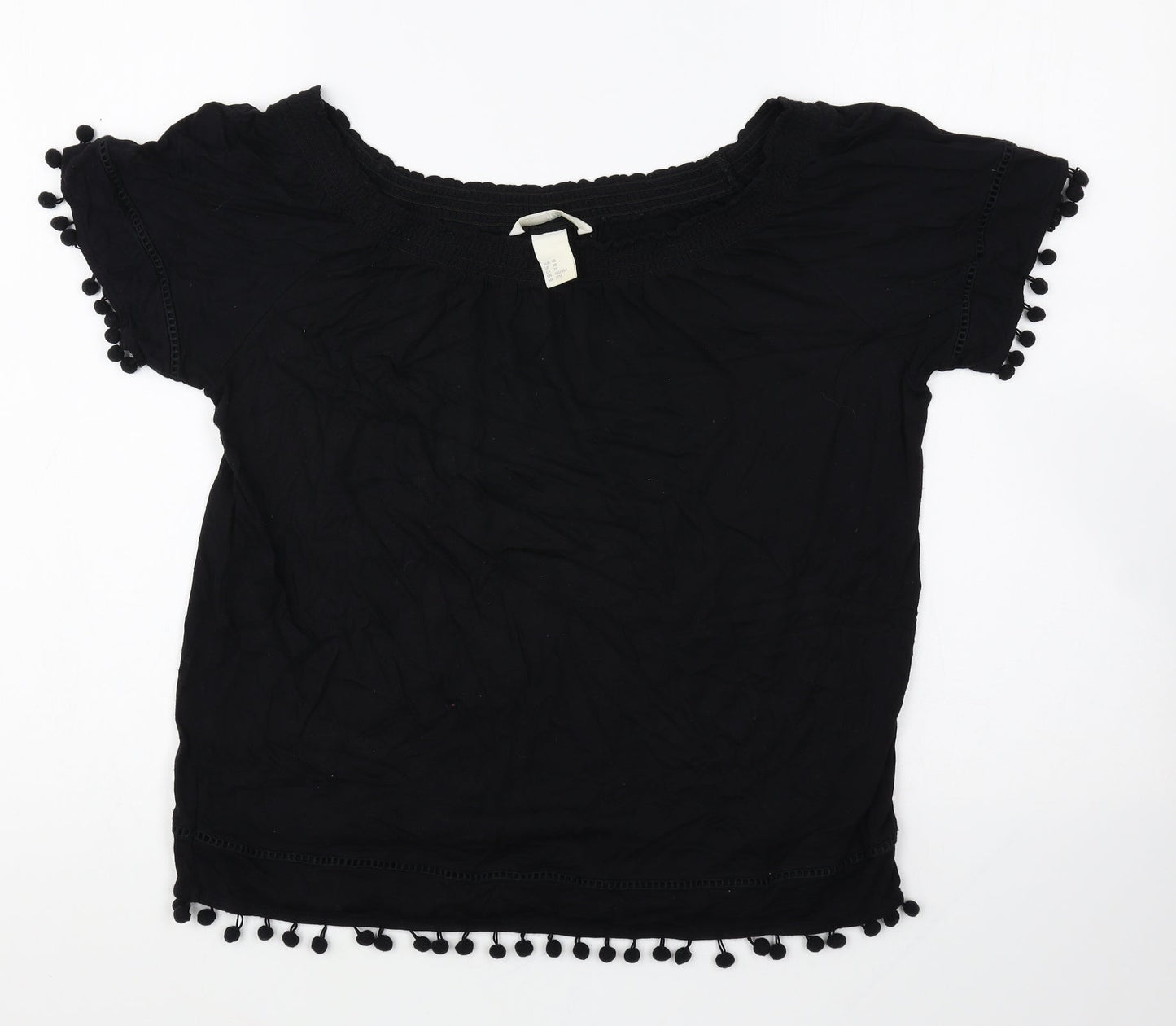 H&M Womens Black Viscose Basic T-Shirt Size XS Off the Shoulder - Shirred detail on neckline