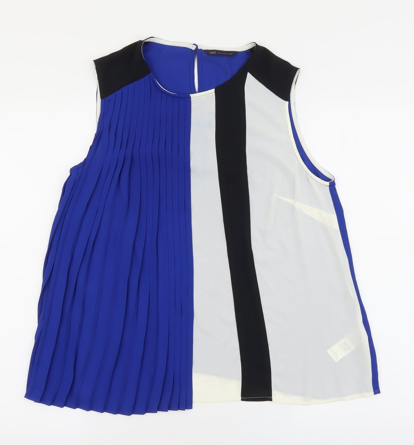 Marks and Spencer Womens Blue Geometric Polyester Basic Tank Size 12 Round Neck - Pleated front detail