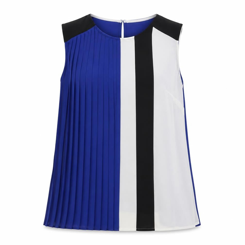 Marks & Spencer Womens Blue Geometric Polyester Basic Tank Size 12 Round Neck - Pleated front detail