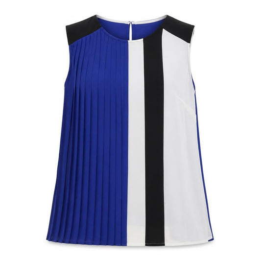 Marks and Spencer Womens Blue Geometric Polyester Basic Tank Size 12 Round Neck - Pleated front detail