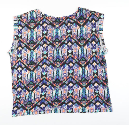 New Look Womens Multicoloured Geometric Cotton Basic T-Shirt Size 14 Round Neck