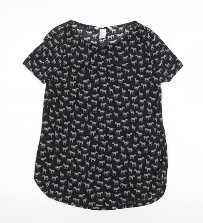 H&M Womens Black Geometric Polyester Basic T-Shirt Size XS Round Neck - Zebra