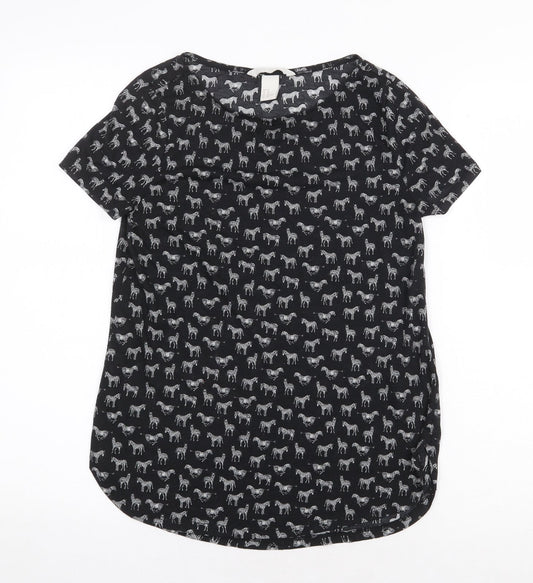 H&M Womens Black Geometric Polyester Basic T-Shirt Size XS Round Neck - Zebra