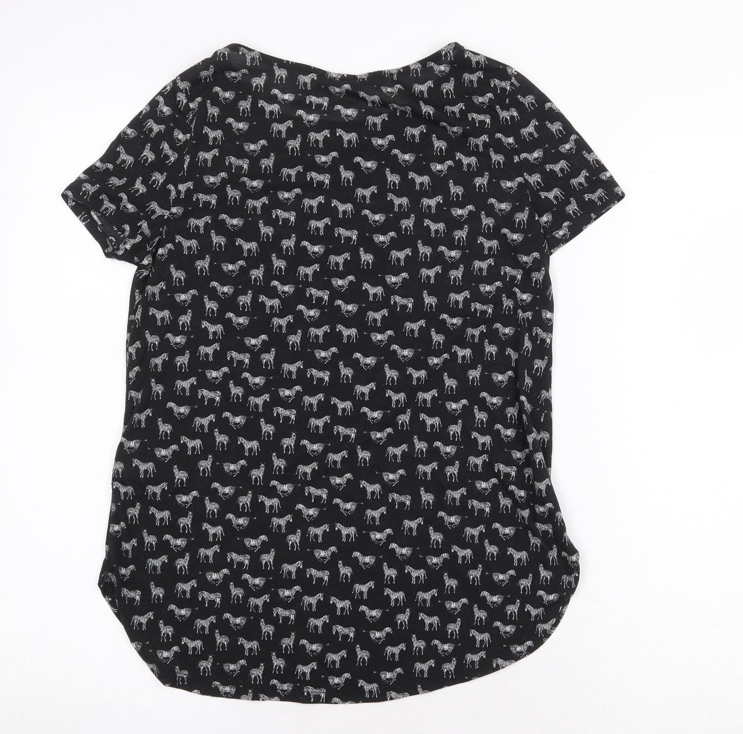 H&M Womens Black Geometric Polyester Basic T-Shirt Size XS Round Neck - Zebra