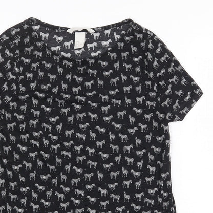 H&M Womens Black Geometric Polyester Basic T-Shirt Size XS Round Neck - Zebra