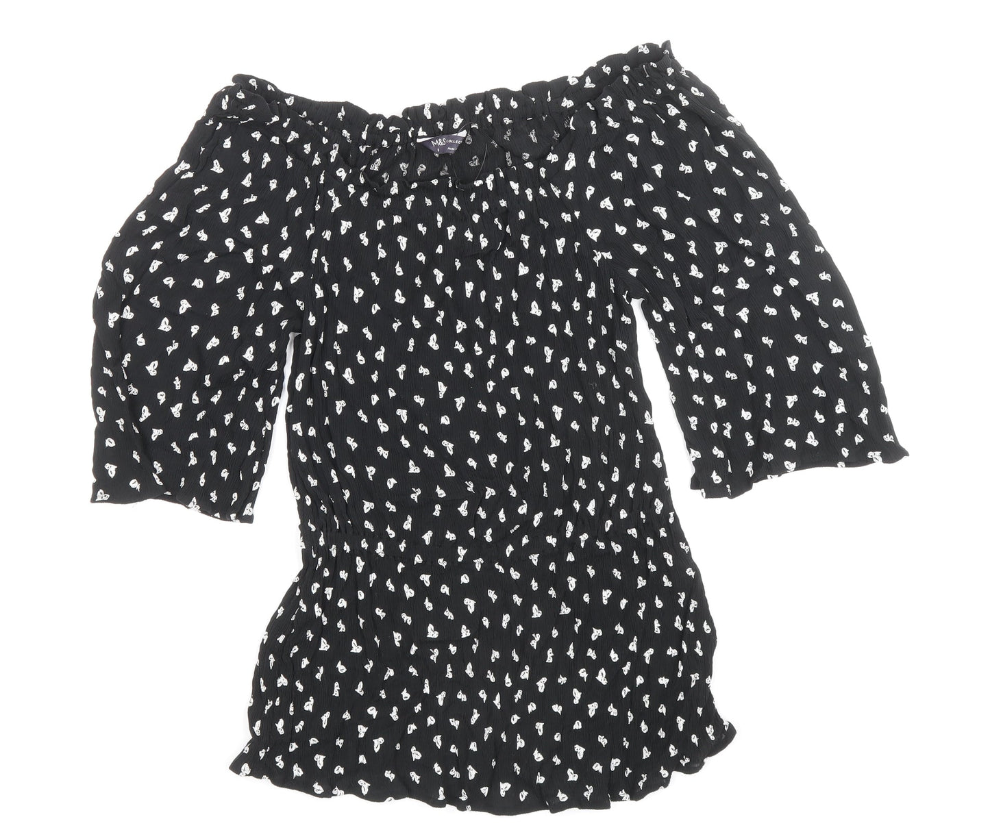 Marks and Spencer Womens Black Geometric Viscose Basic Blouse Size 8 Off the Shoulder