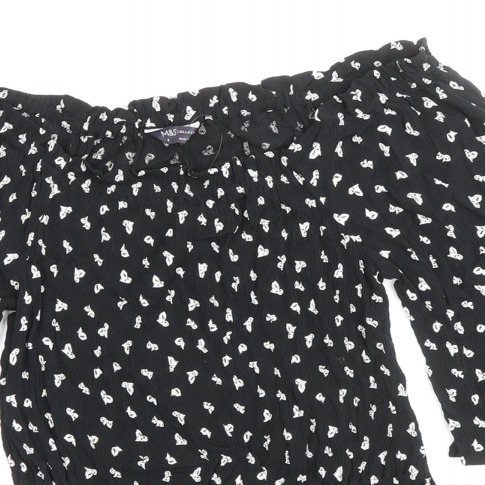 Marks and Spencer Womens Black Geometric Viscose Basic Blouse Size 8 Off the Shoulder