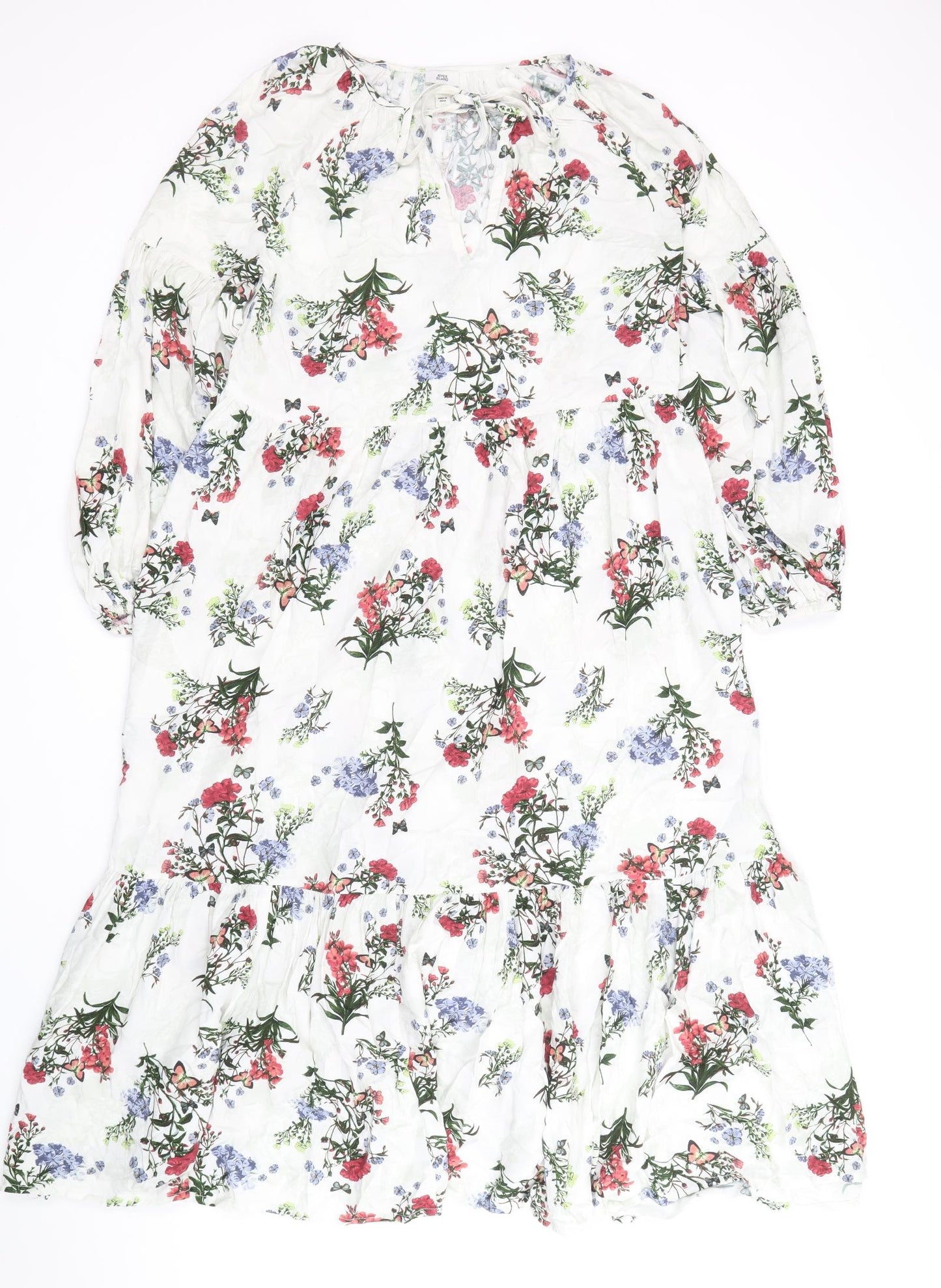 River Island Womens White Floral Cotton A-Line Size 8 Square Neck Tie
