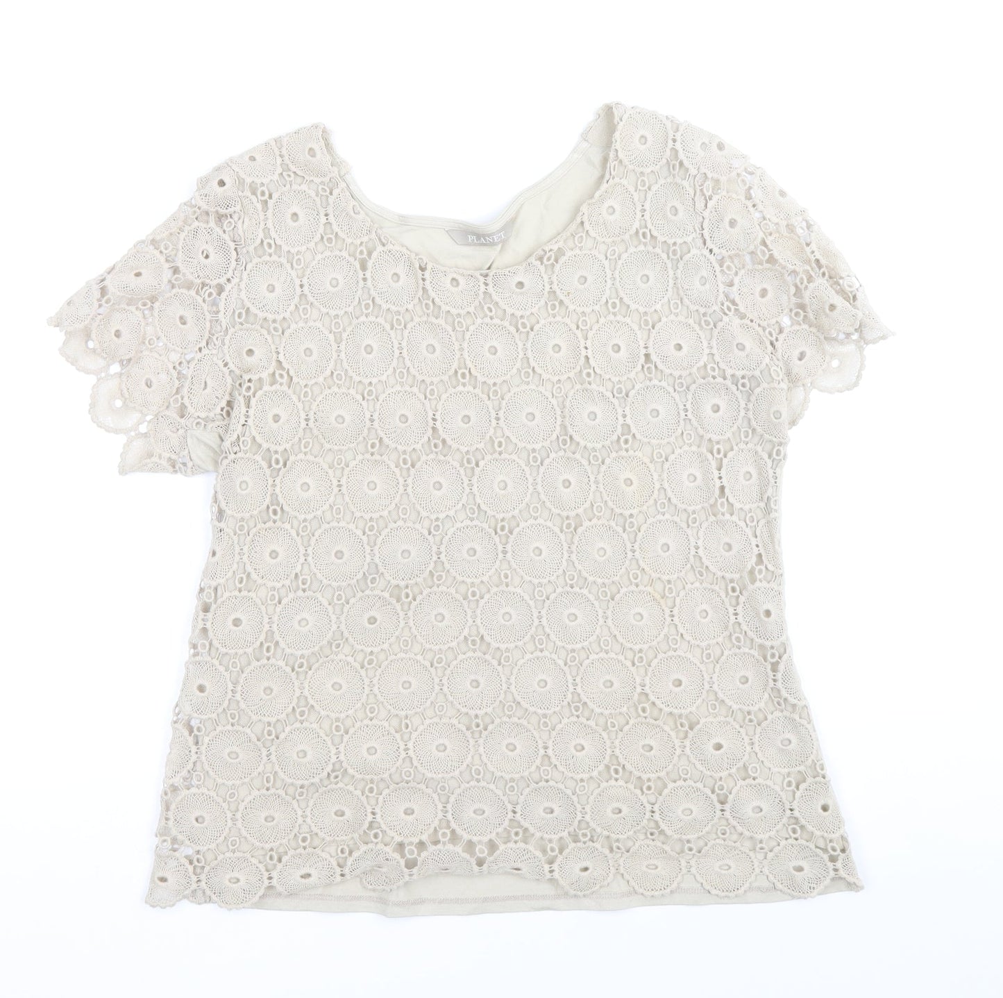 Planet Womens Beige Cotton Basic T-Shirt Size M Round Neck - Lace Detail