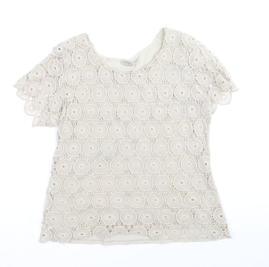 Planet Womens Beige Cotton Basic T-Shirt Size M Round Neck - Lace Detail