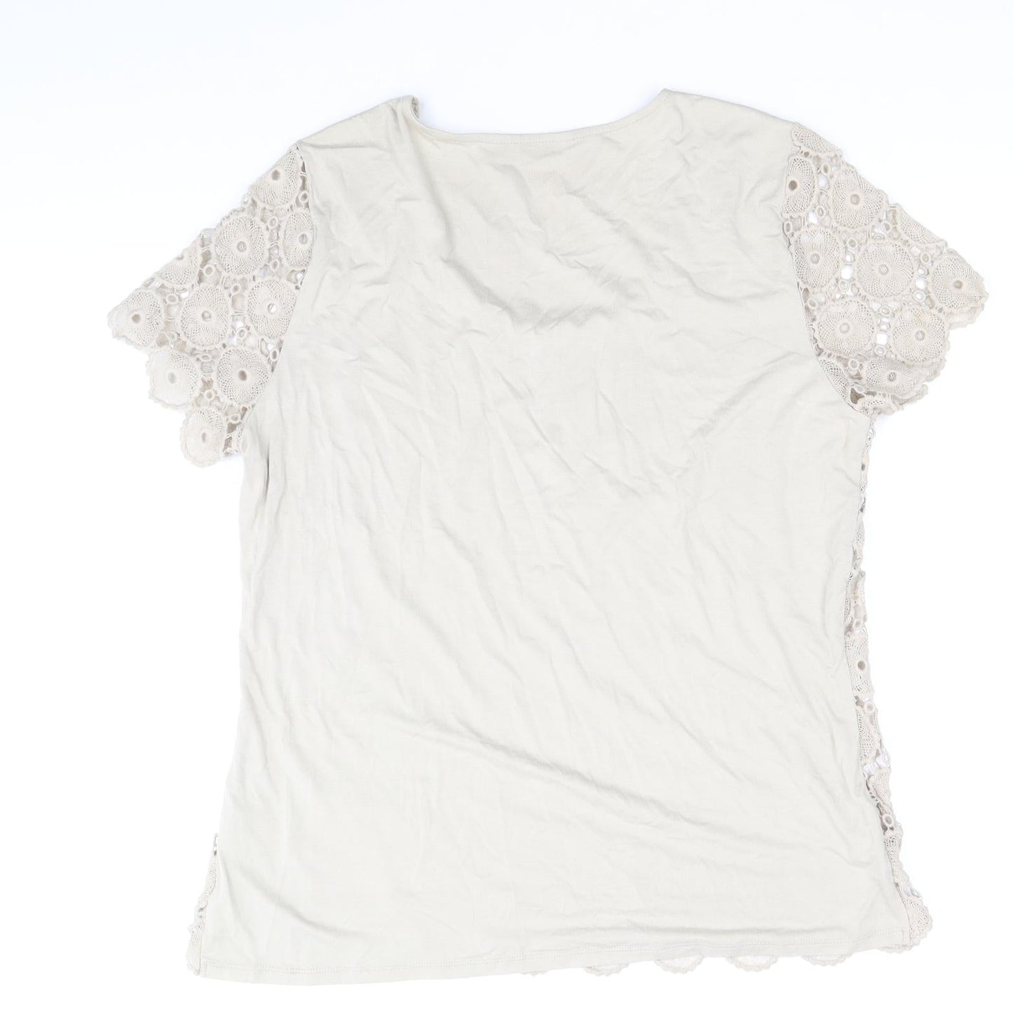 Planet Womens Beige Cotton Basic T-Shirt Size M Round Neck - Lace Detail
