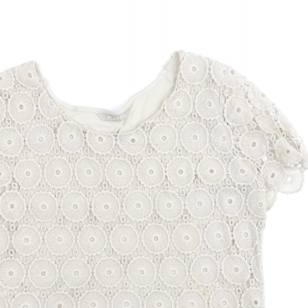 Planet Womens Beige Cotton Basic T-Shirt Size M Round Neck - Lace Detail