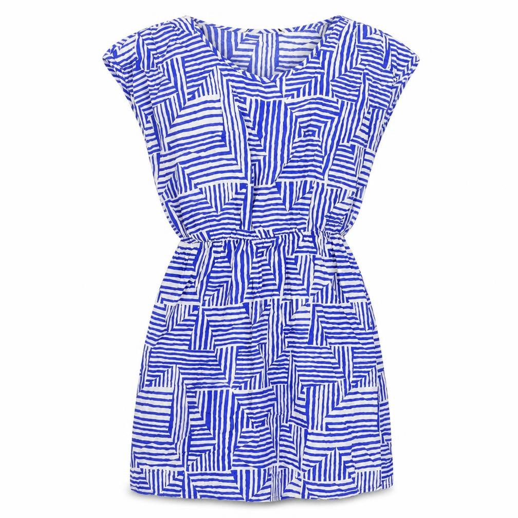 FOREVER 21 Womens Blue Geometric Viscose Mini Size L Boat Neck Pullover