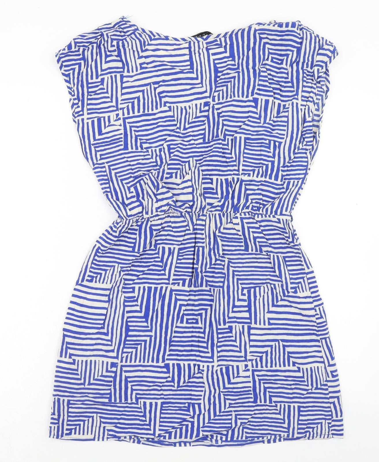 FOREVER 21 Womens Blue Geometric Viscose Mini Size L Boat Neck Pullover