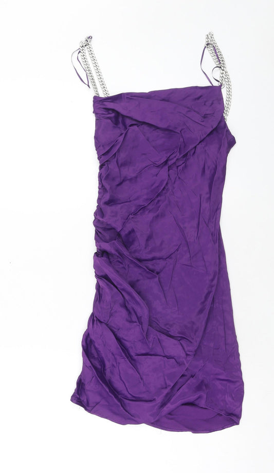 Zara Womens Purple Viscose Slip Dress Size XS Square Neck Zip - Chain Detail Straps