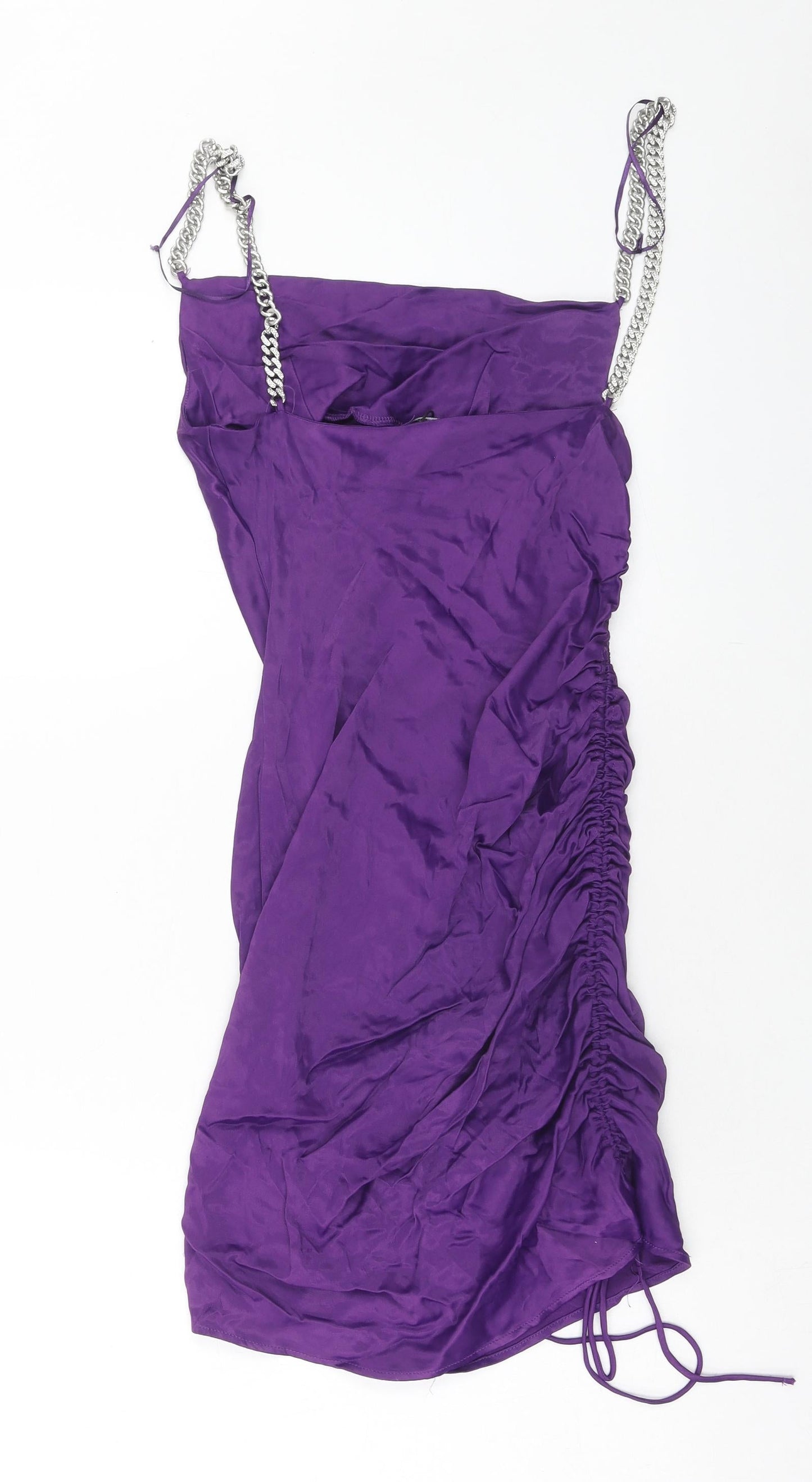 Zara Womens Purple Viscose Slip Dress Size XS Square Neck Zip - Chain Detail Straps