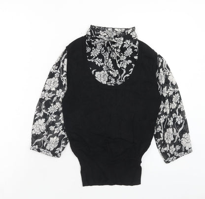 Marks & Spencer Womens Black Floral Viscose Basic Blouse Size 12 Mock Neck