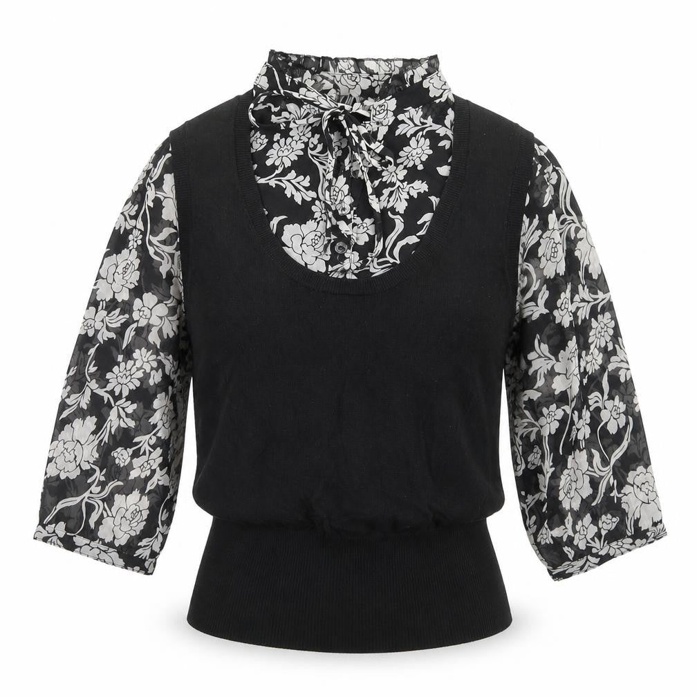 Marks & Spencer Womens Black Floral Viscose Basic Blouse Size 12 Mock Neck