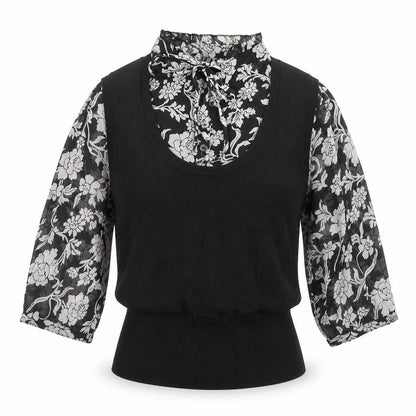Marks & Spencer Womens Black Floral Viscose Basic Blouse Size 12 Mock Neck