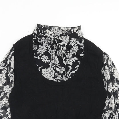 Marks & Spencer Womens Black Floral Viscose Basic Blouse Size 12 Mock Neck