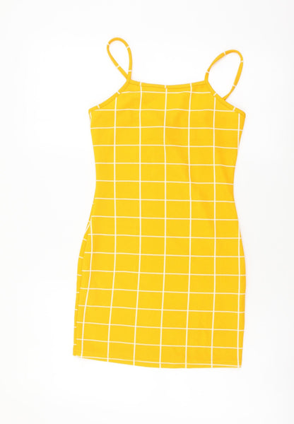 SHEIN Womens Yellow Check Polyester Mini Size XS Square Neck Pullover